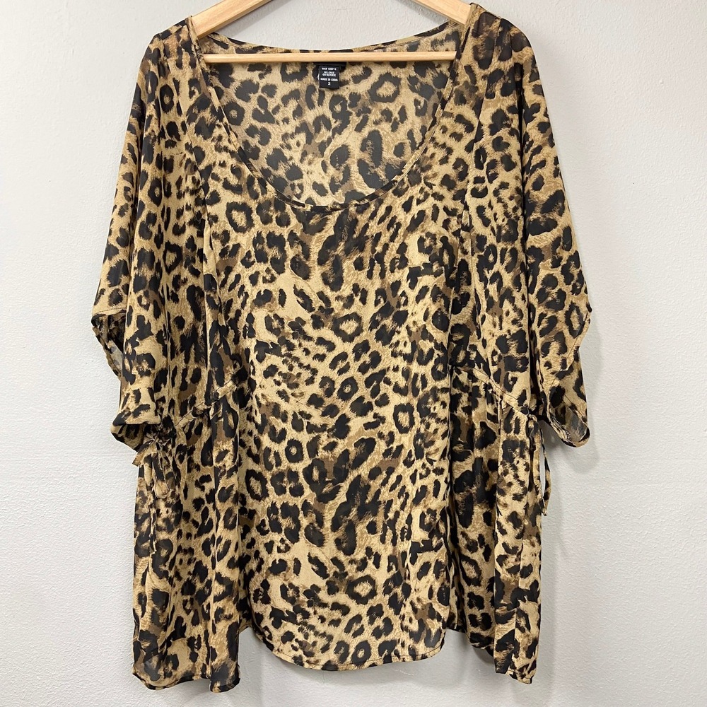 Torrid Leopard Print Blouse Sheer Tie Detail Plus Size 2X Glam Maximalist Layers